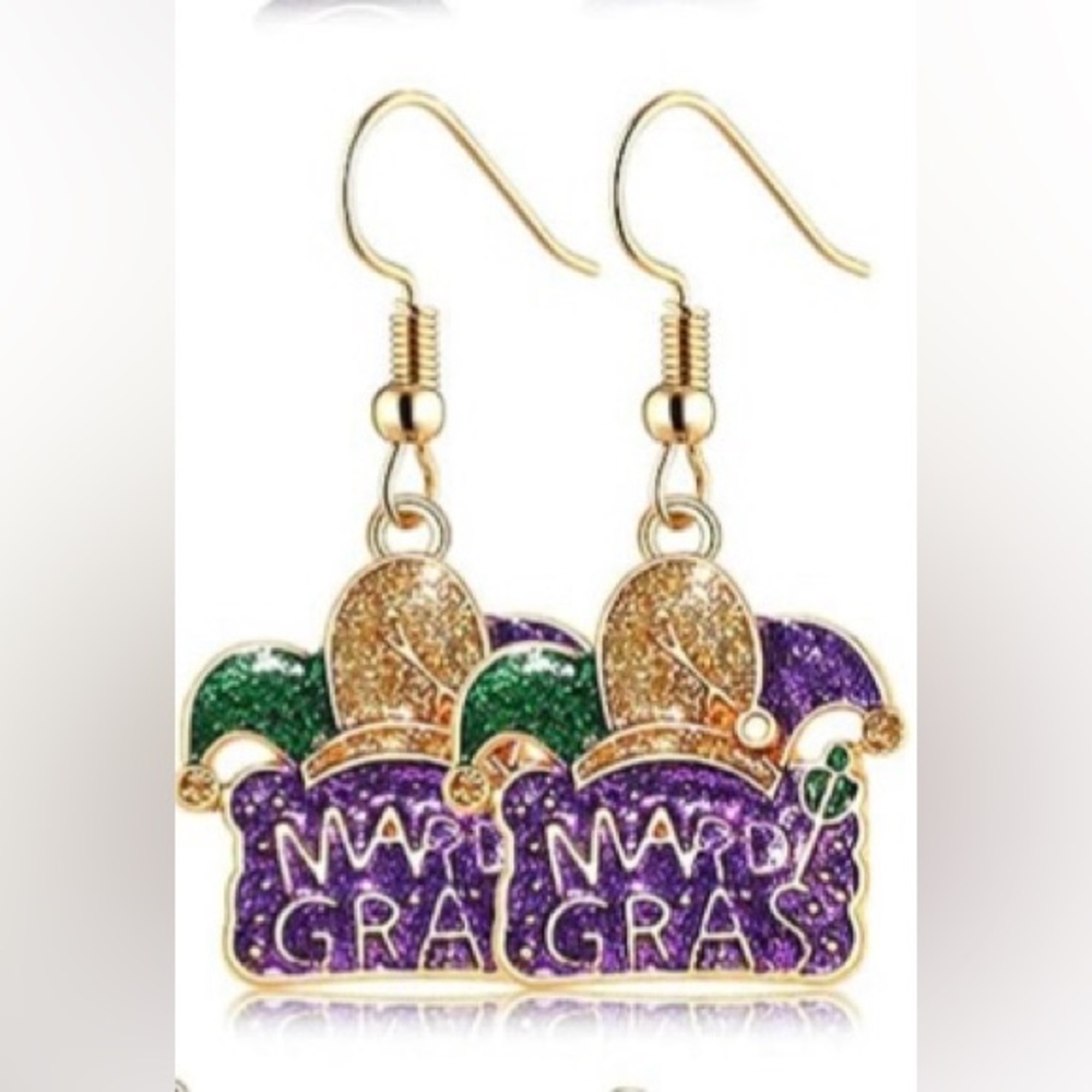 Mardi Gras Purple Green and Goldtone Jester Hat Dangle Earrings - New